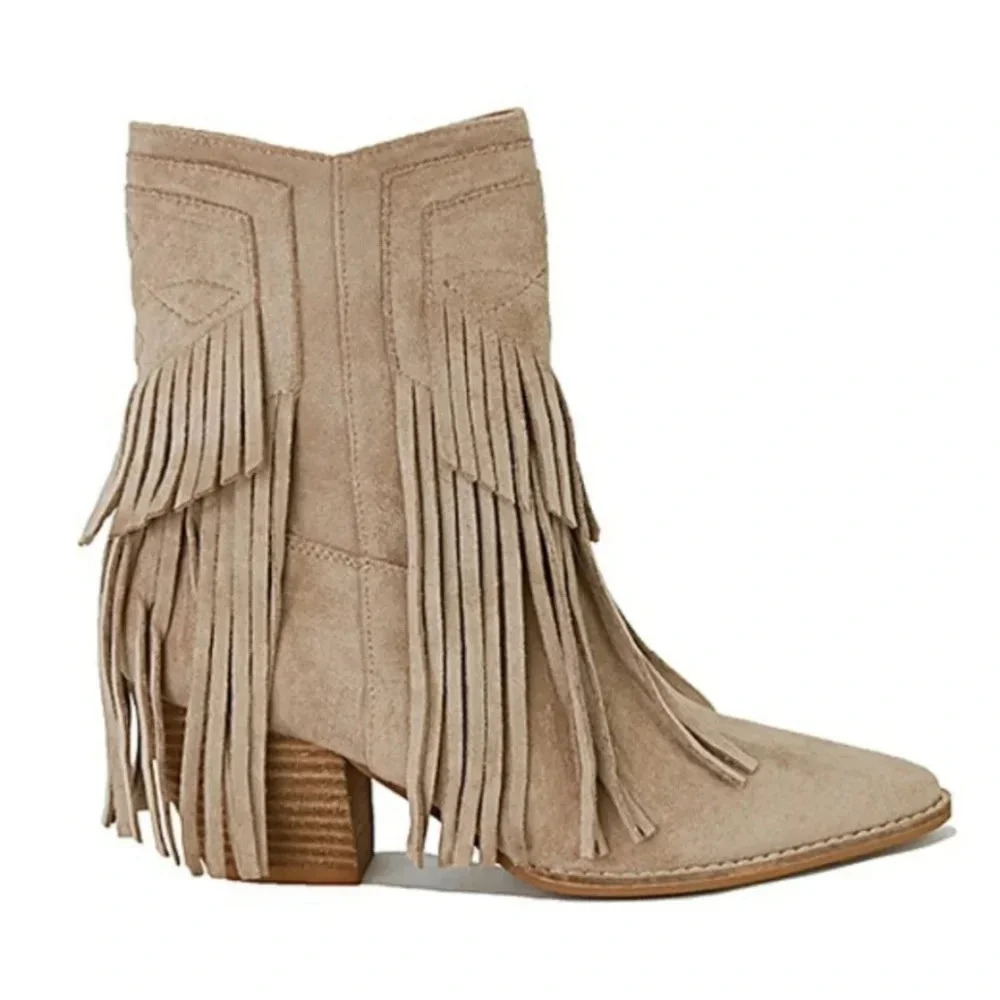 Beast Fringe Tassel Faux Suede Pointy Toe Block Heel Western Booties Boots New